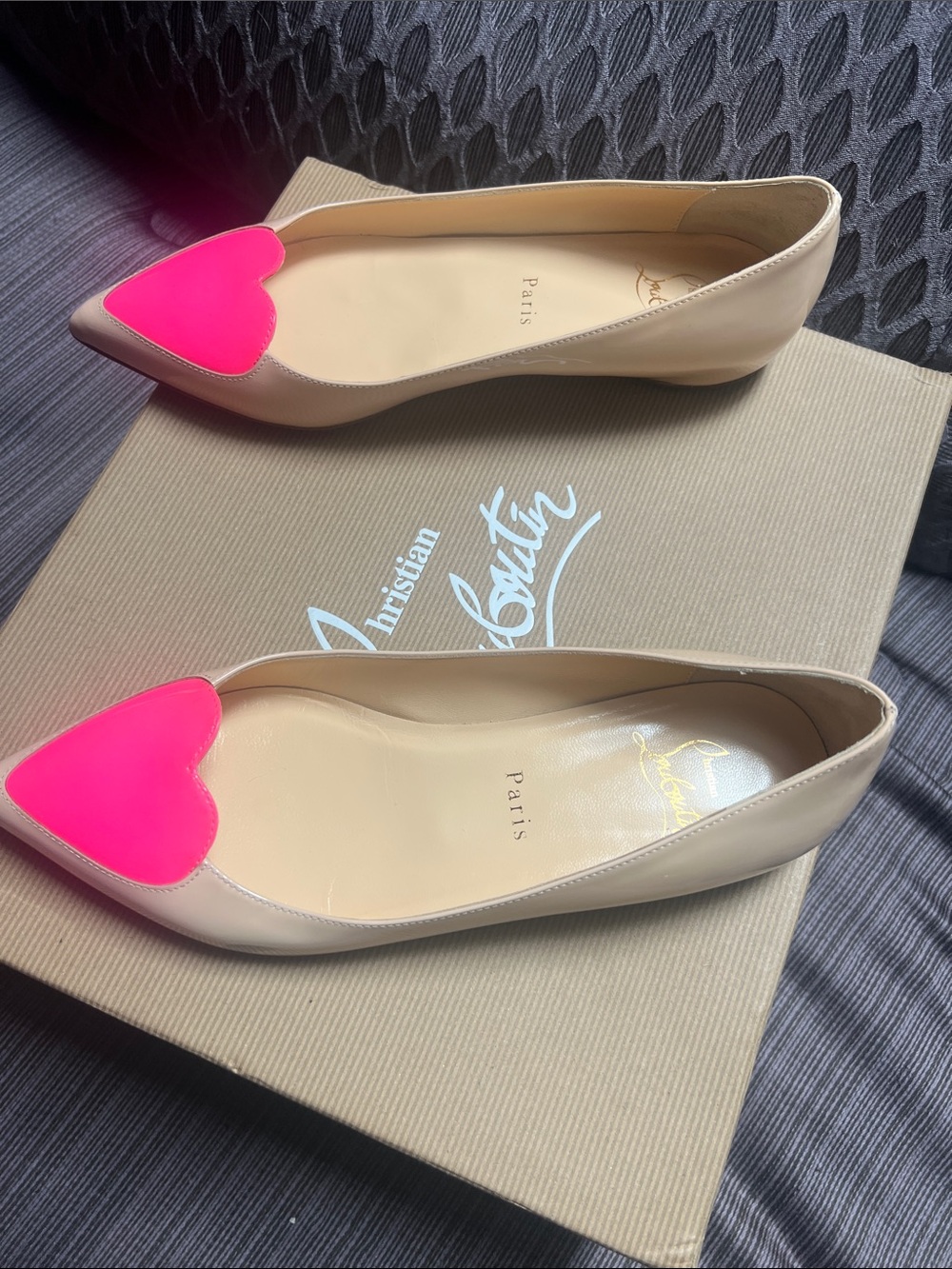 Christian Louboutin Beige Pointed Flats with Hot Pink Heart Toe